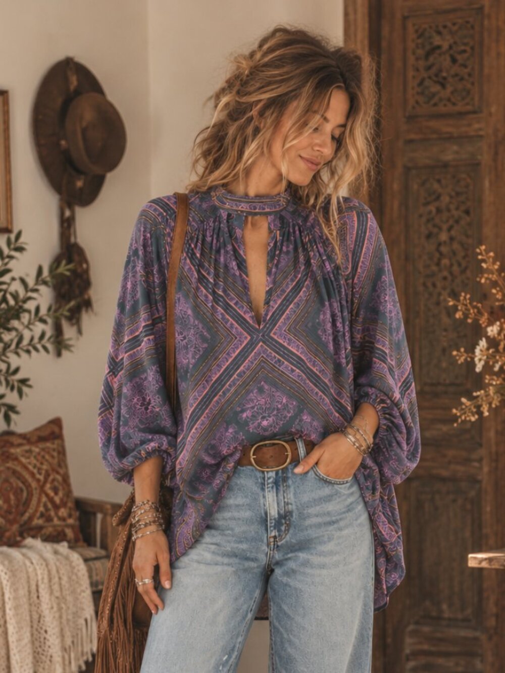 Free People Purple Boho Printed Peasant Blouse